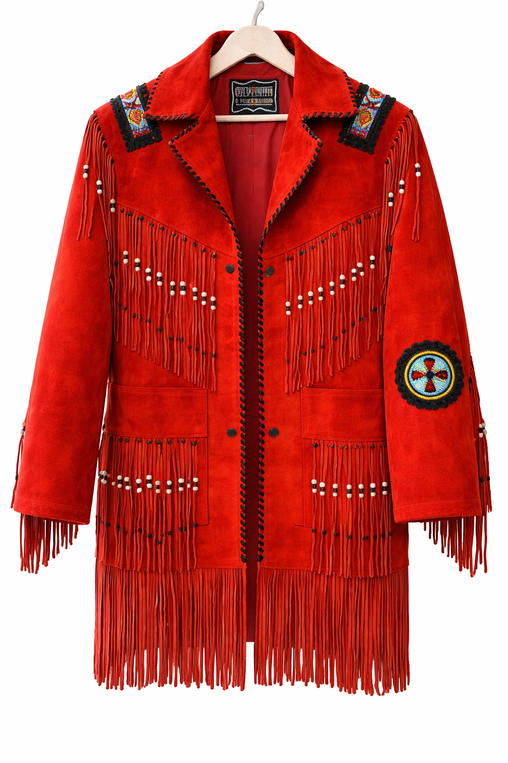 Red Suede Beaded Women Leather Fringe Jacket Native American Western Cowboy Coat