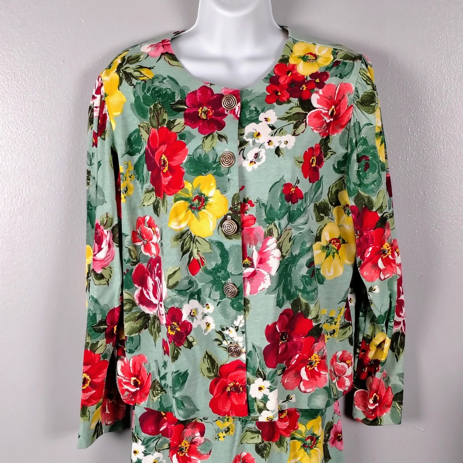 Vintage Floral 2 Piece Skirt Set Sage Green Red Yellow Made in USA romantic L