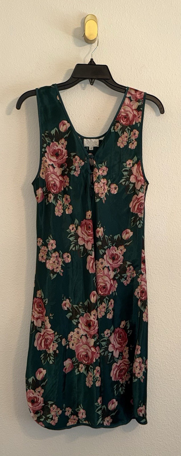Vintage 80s Go Softly Polyester Satin Nightgown Sleep Dress Floral Roses M Green