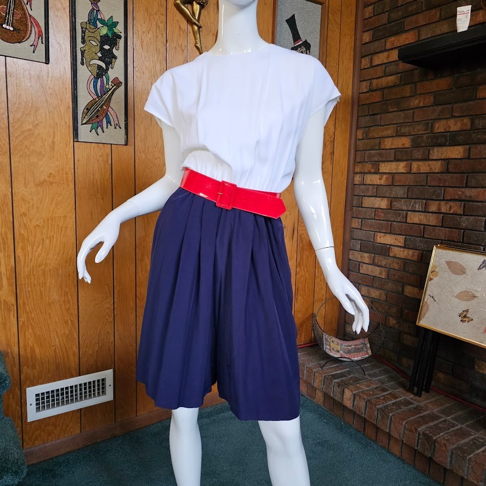 Vintage 80s Corporate New wave Power Suit Secretary Dress Shorts RWB Romper M/L