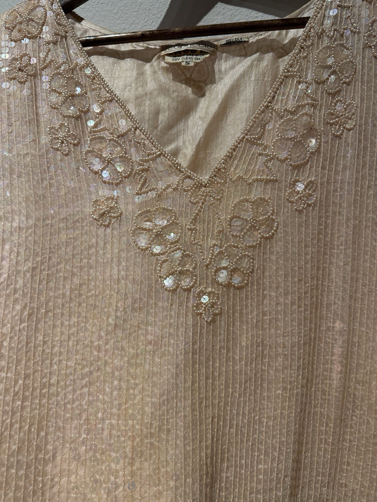 Vtg 80’s Capriccio Women’s Floral Sequin Silk Top Scalloped Art Deco