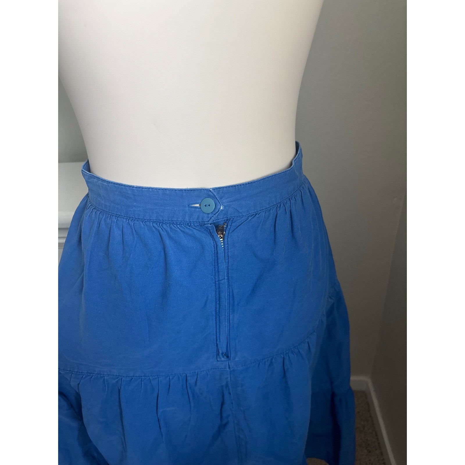 Vintage Crazy Horse Blue Tiered Cotton Midi Skirt High Waisted Cottagecore XS