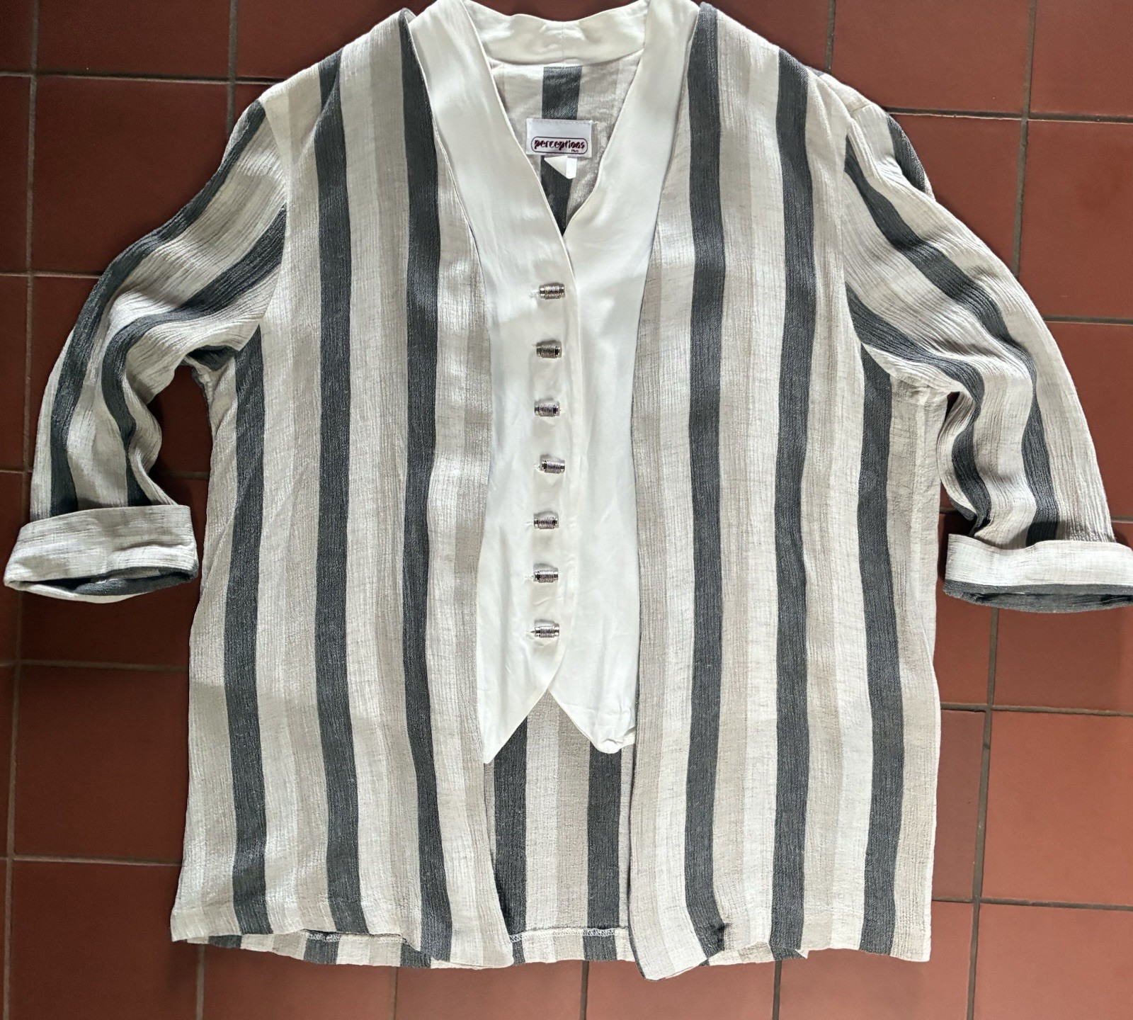 Vintage 90s Striped Jacket Attached Blouse Size L XL Lightweight Career USA