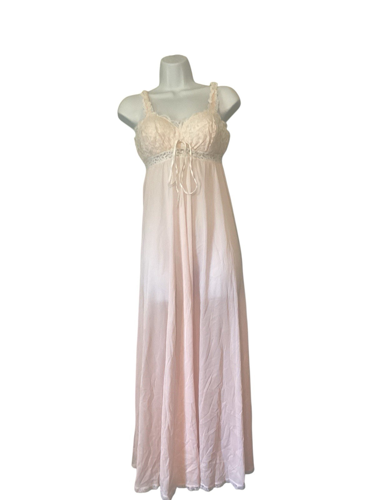 Olga 1970s Light Pink White Floral Lace Sheer Nylon Nightgown Lingerie Boudoir