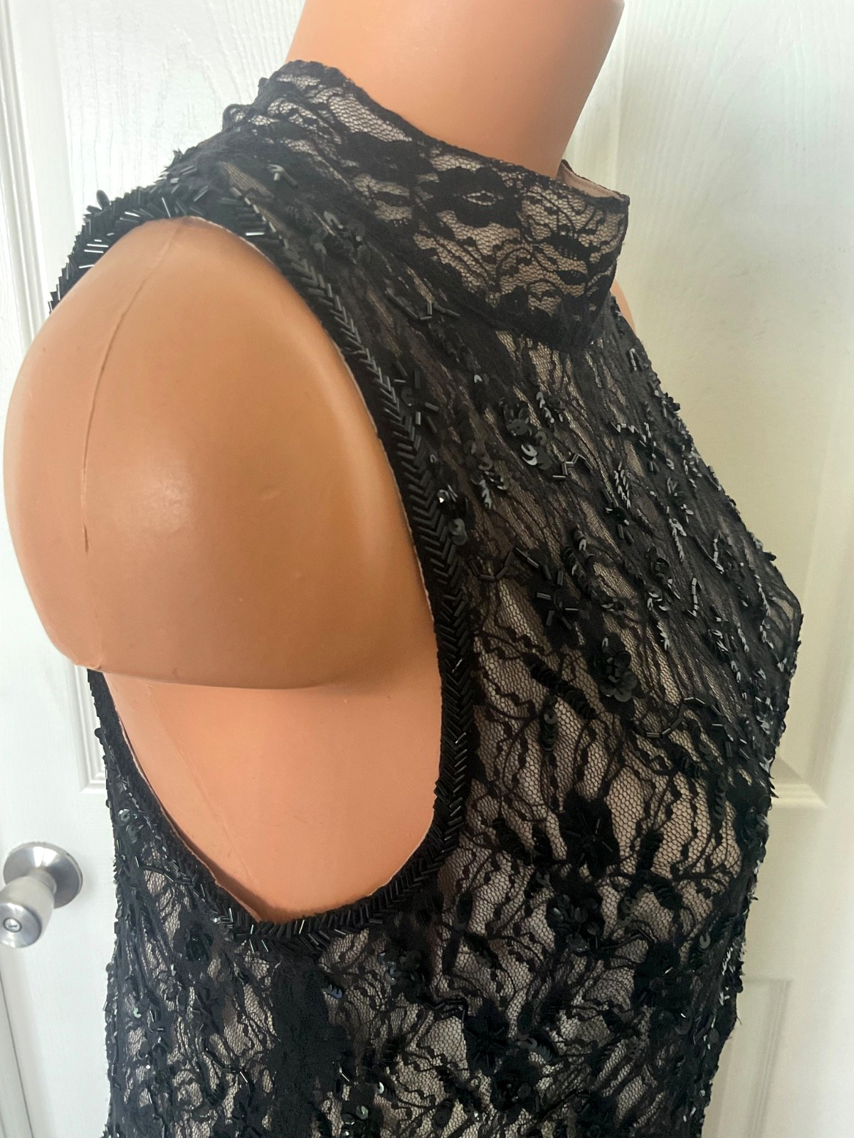 Vtg Nude Illusion Black Sequin Beaded Art Deco Dress Size Large