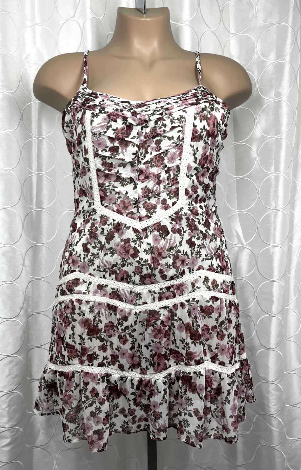 80s American Rag Romantic Sun Dress Shirred Spag Straps Lace Lined Flounce XL
