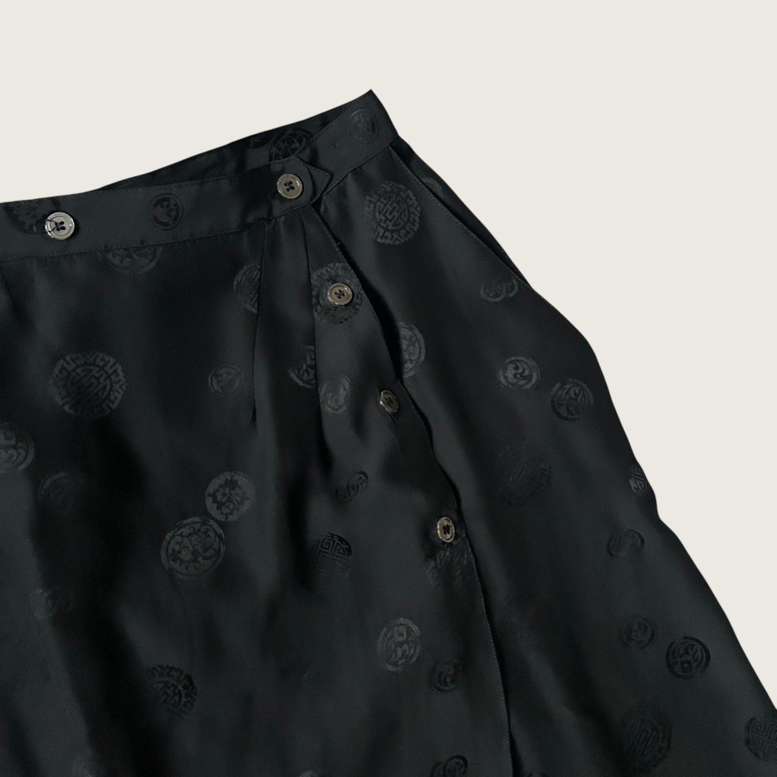 Vintage DBA Black Silk Embossed Pattern Midi Skirt Button Front Asian Inspired