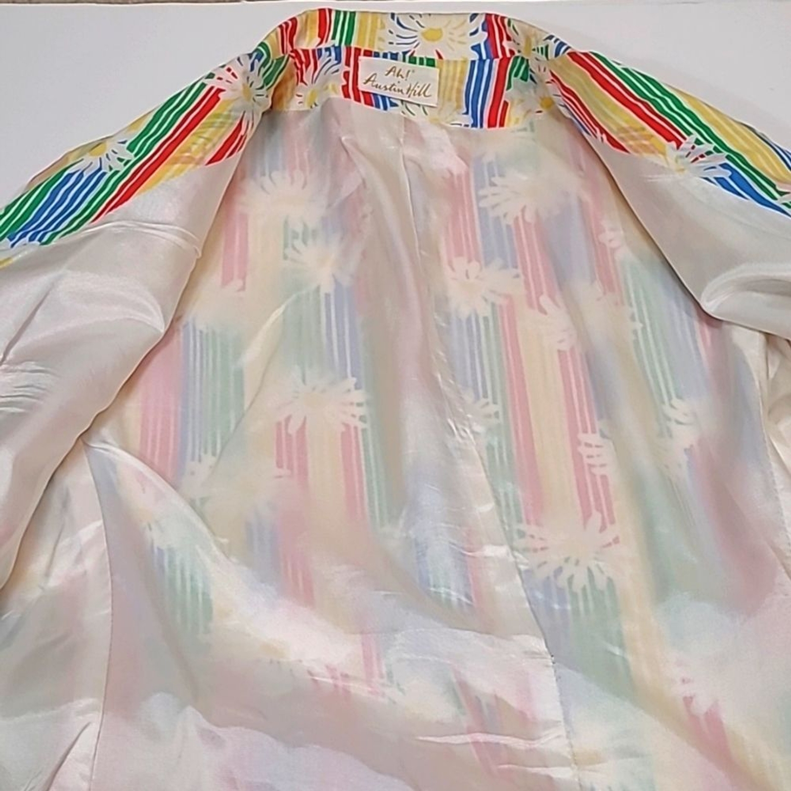 1970s Ah! Austin Hill Blazer Jacket Rainbow Stripes & Daisies Print 10 Pride Mod