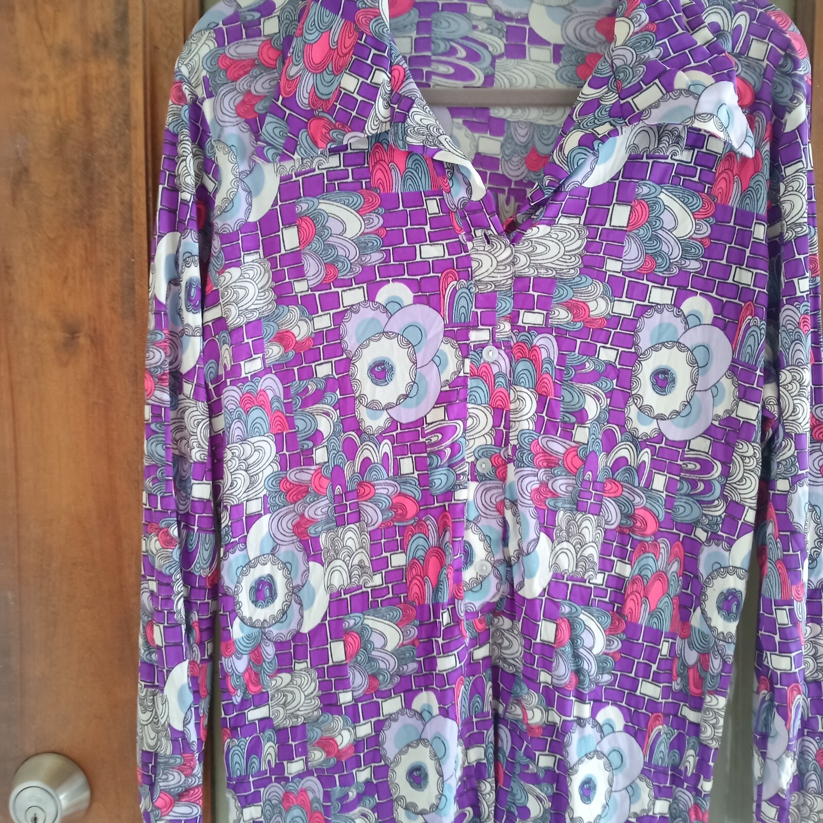 Vintage 70s Purple Pink Abstract Blouse Top Mod Hippie GoGo Boho S/M