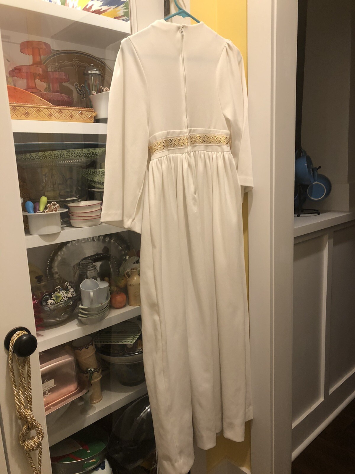 Vintage JC Penney Fashions Polyester Long White Dress With Gold Trim 10
