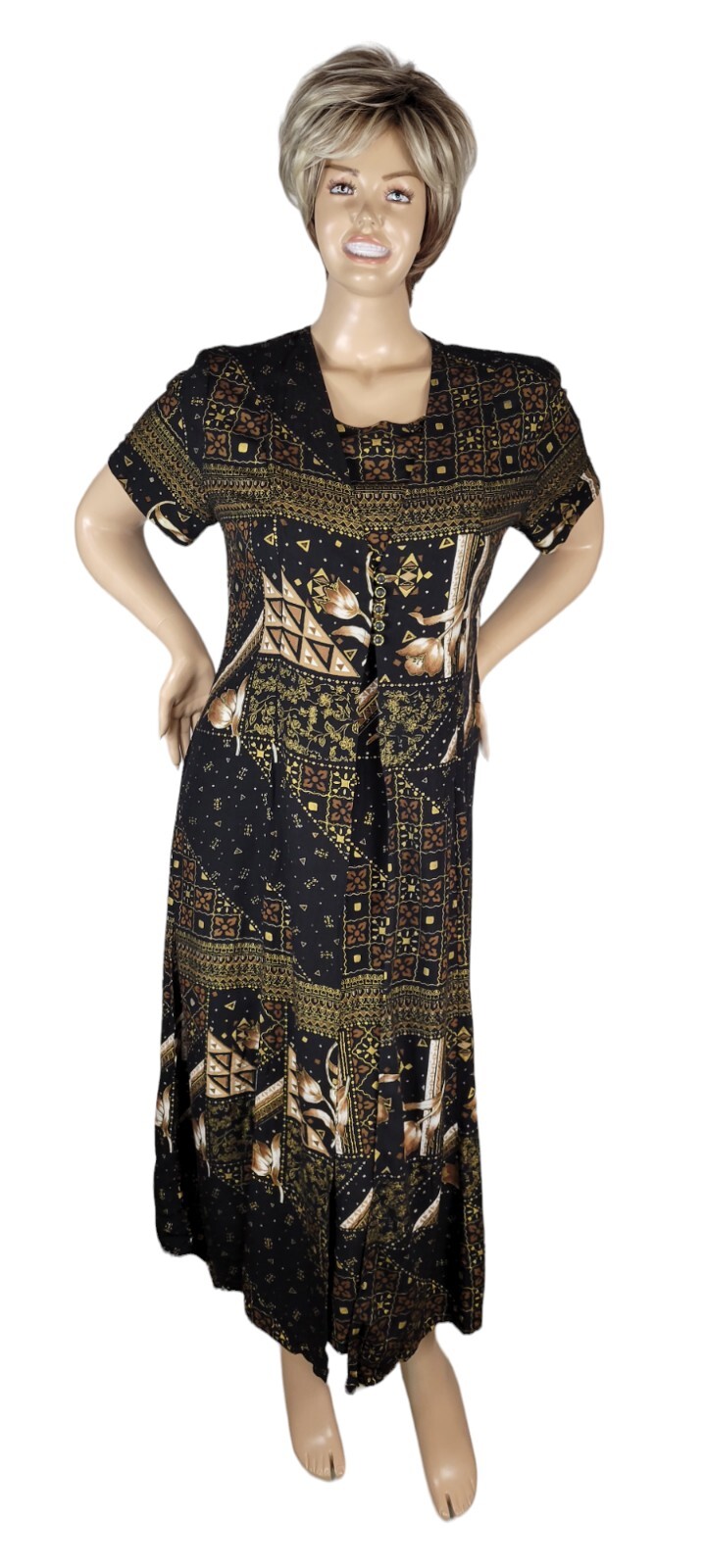 Vintage 90s Betsy Lauren Black Floral Tribal Cottagecore Grunge Maxi Dress 14