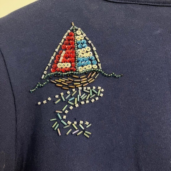 Vintage Quacker Factory Top Womens XS Blue Beaded Sequins Lighthouse Nautical