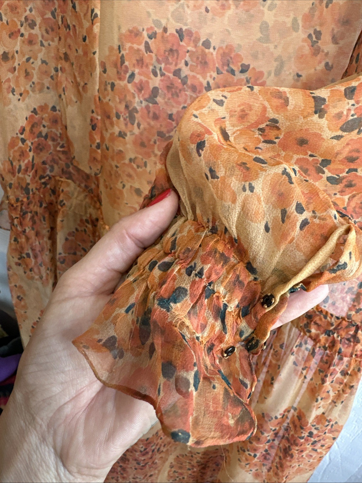 20s 30s Vintage Sheer Drop Waist Chiffon Dress Large Floral antique