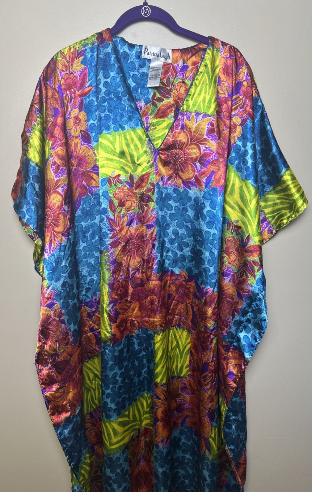 Vintage Patricia Leigh Satin Kaftan Cover Up Blue Orange Yellow Floral One Size