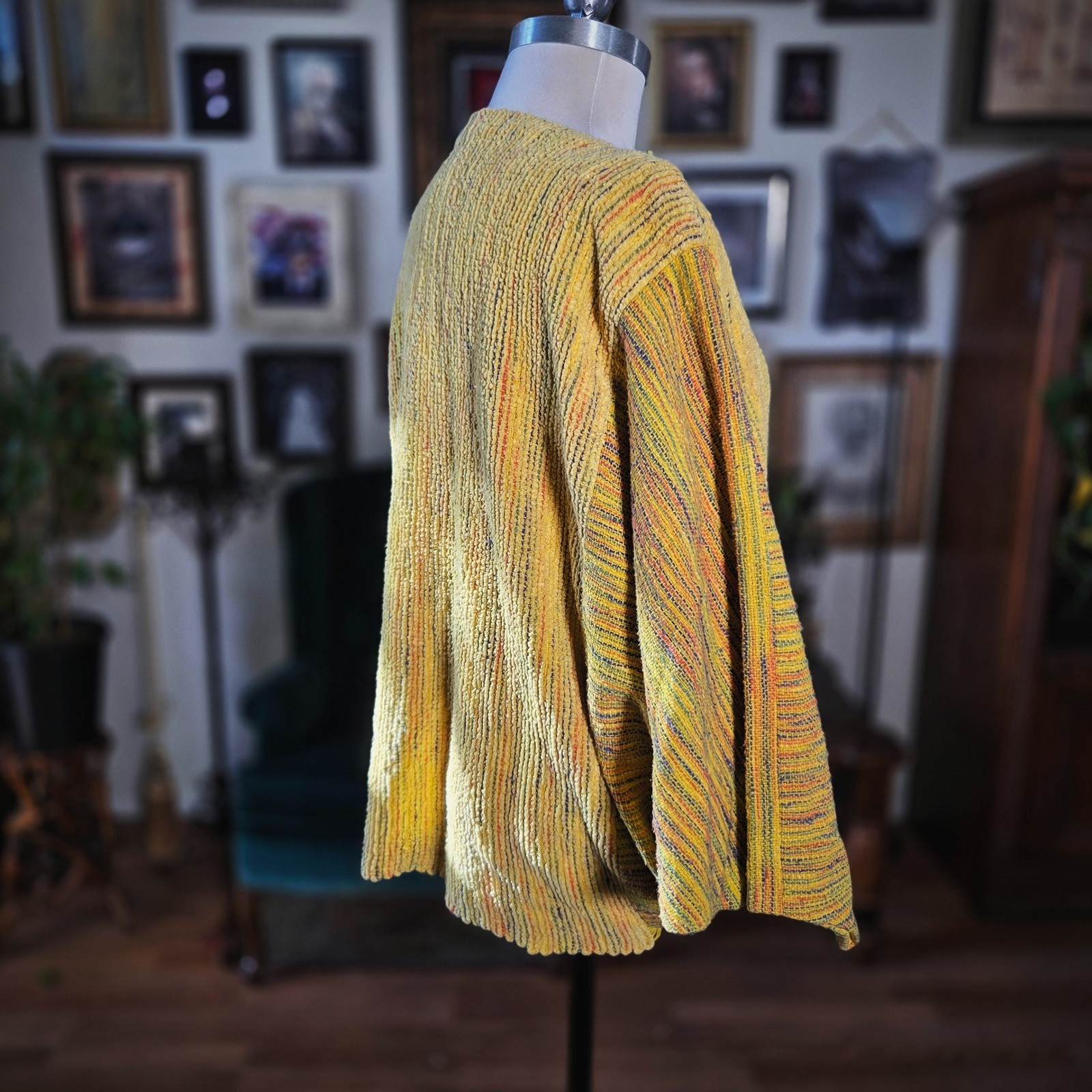 Chenille Yellow Sweater Vintage 90s Speckled Oversized Textured Dolman Sleeves L
