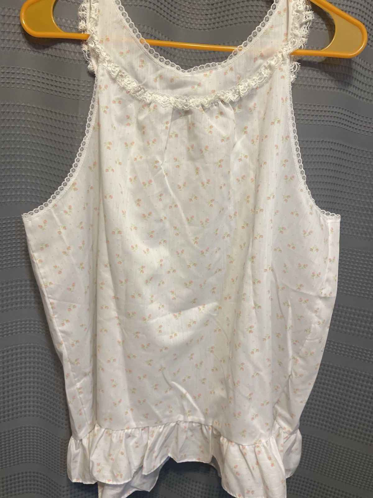 Damea Vtg Night Babydoll Pajama Lace Pink Flowers White Small Poly Cotton