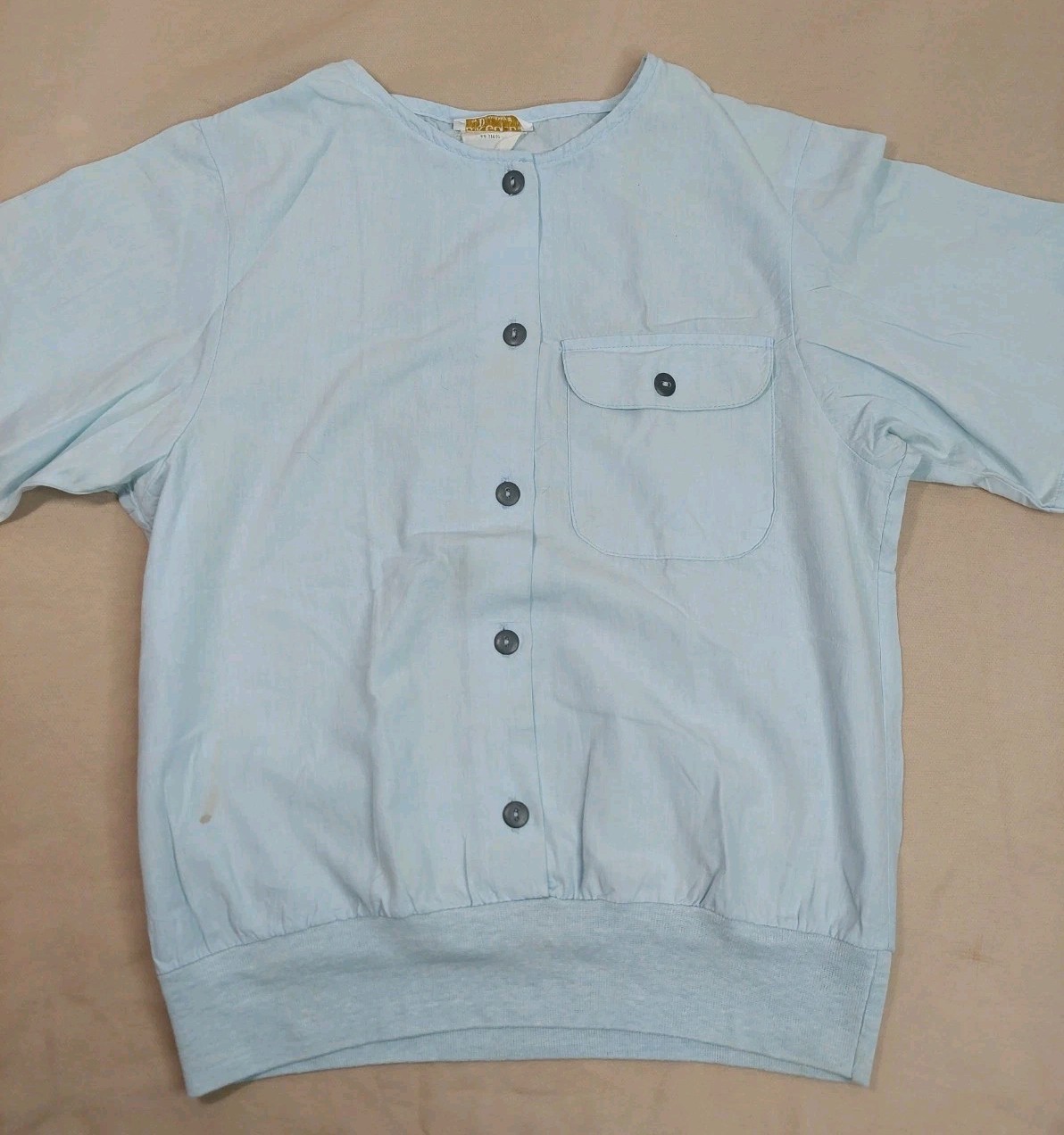 Vintage 80s Blue Blouson Blouse Buttons Banded Hem Dolman Sleeve Minimalist M