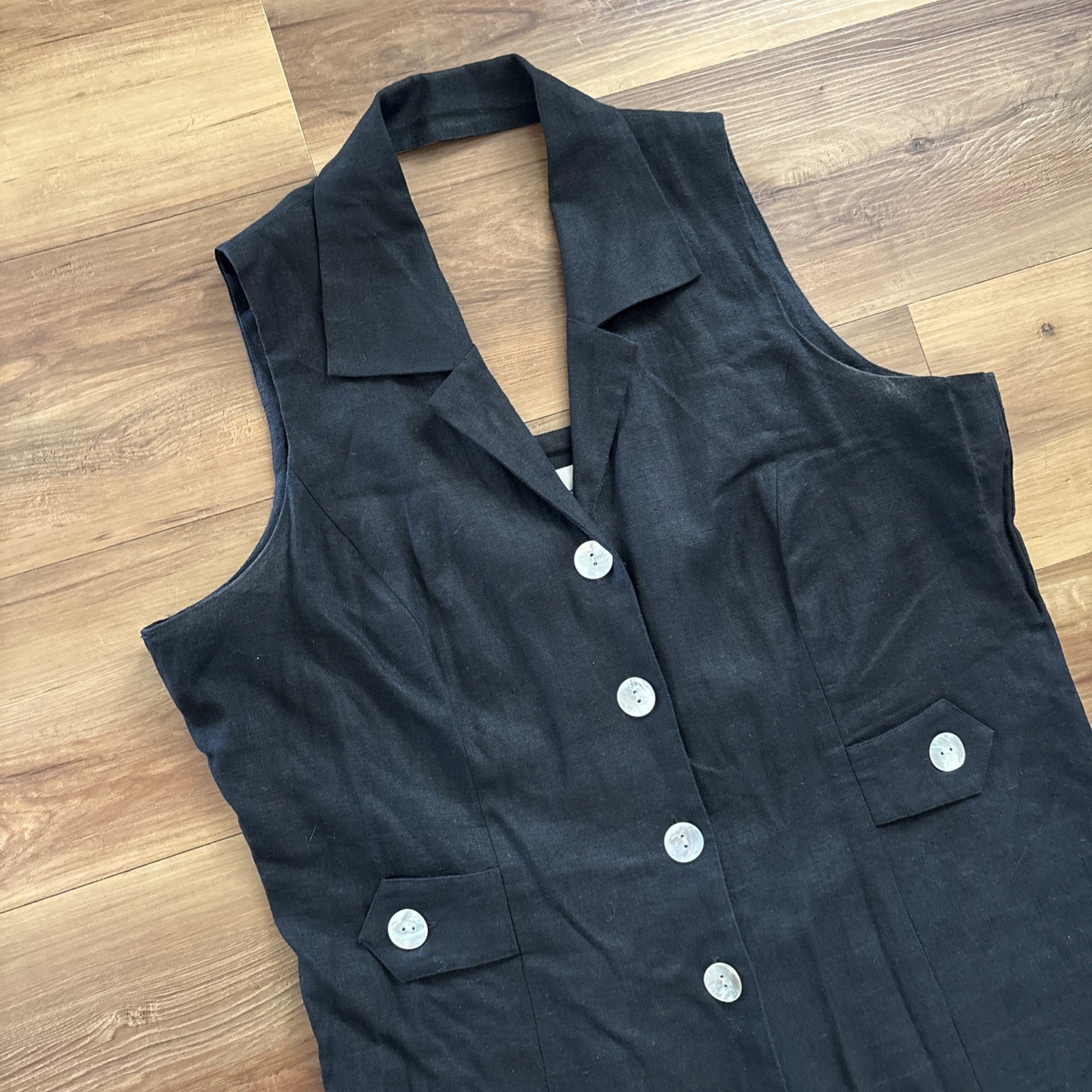 Vtg 90s Linen Blend Black Collared Sleeveless Mother Of Pearl Maxi Dress Size 14