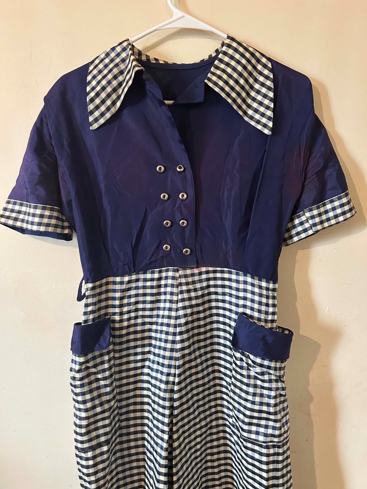 VTG 1950s Pin Up Rockabilly Handmade Navy Blue Gingham Satin Metal Buttons Small
