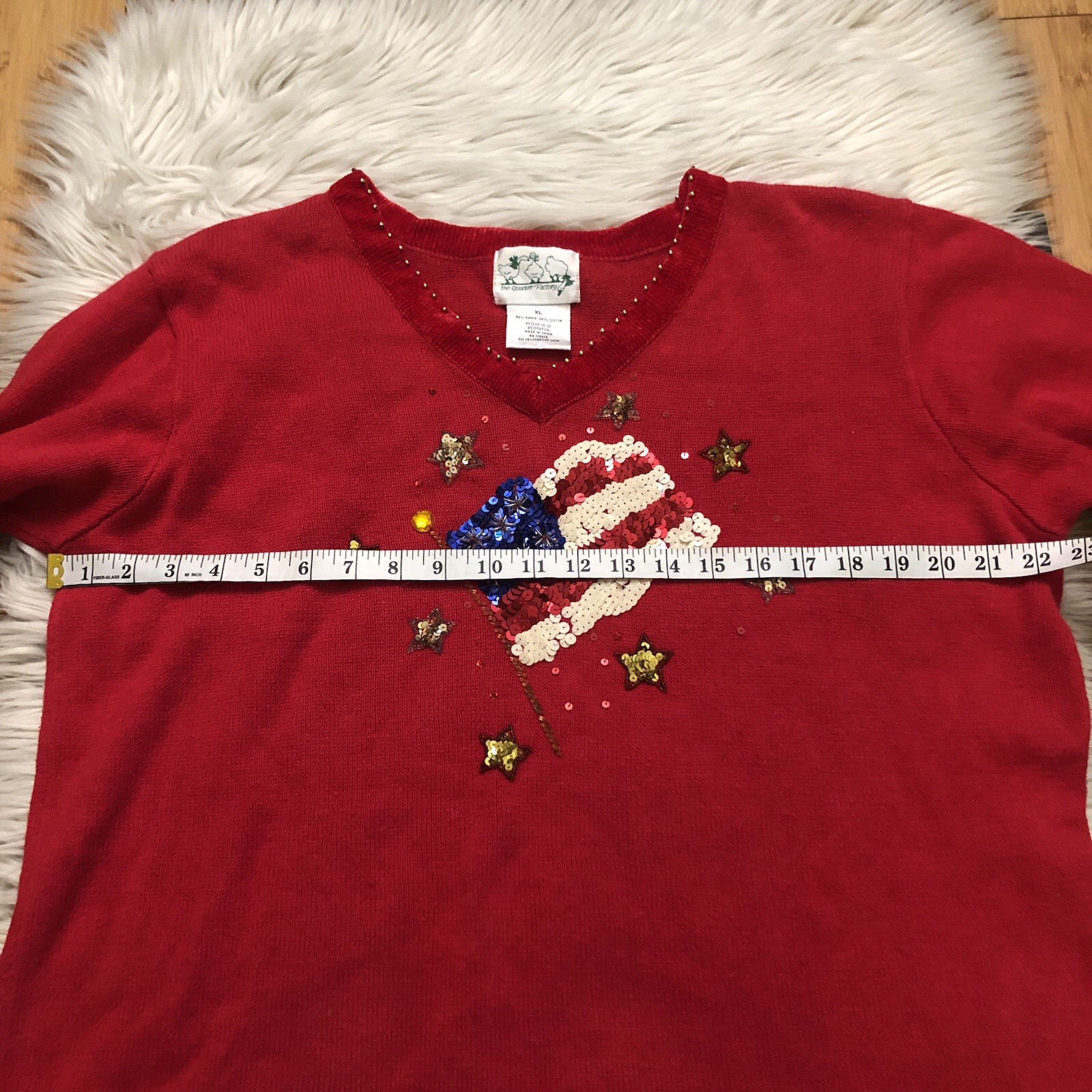 Vintage The Quacker Factory Sequins Beaded Patriot Flag Red Ugly Sweater size XL