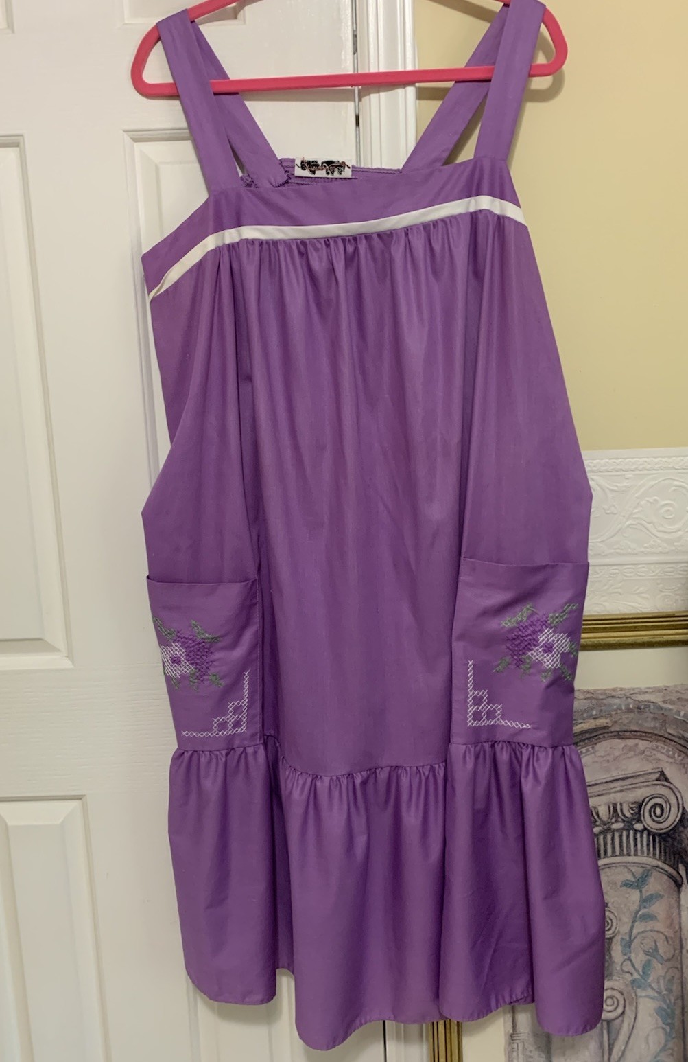 Vintage Purple Apron Dress Floral Embroidered 1970’s Size XXL no tag (read)