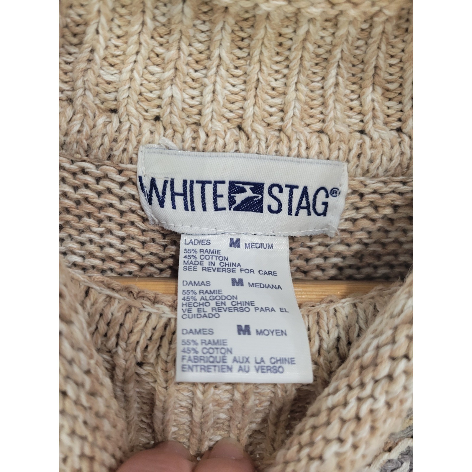 White Stag Vintage Roll Neck Patchwork Floral Embroidery Knit Sweater Tan Grey M