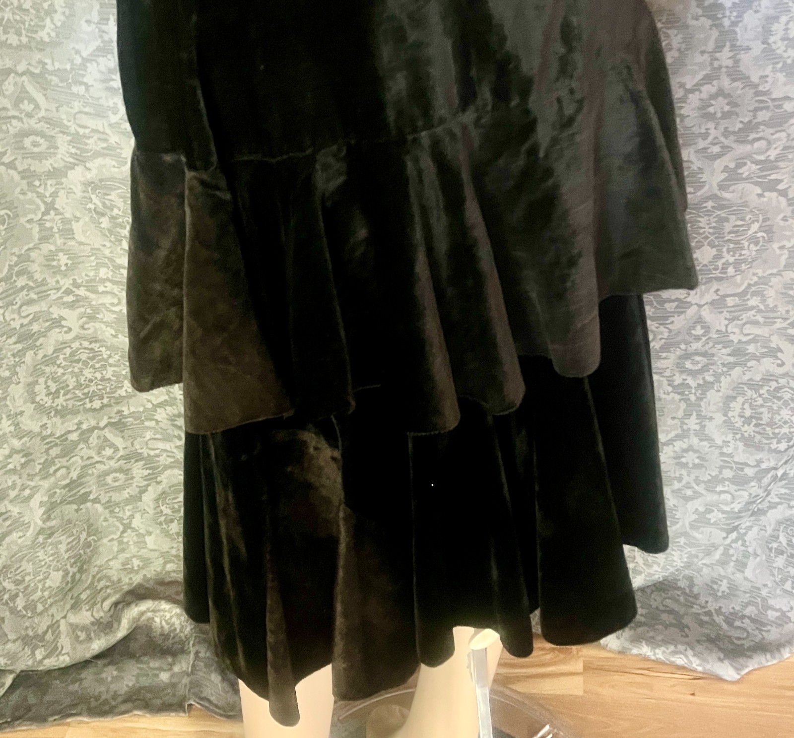 Charming 1920s Cotton, Rayon Velvet, Velveteen Tiered Black Skirt, Petite
