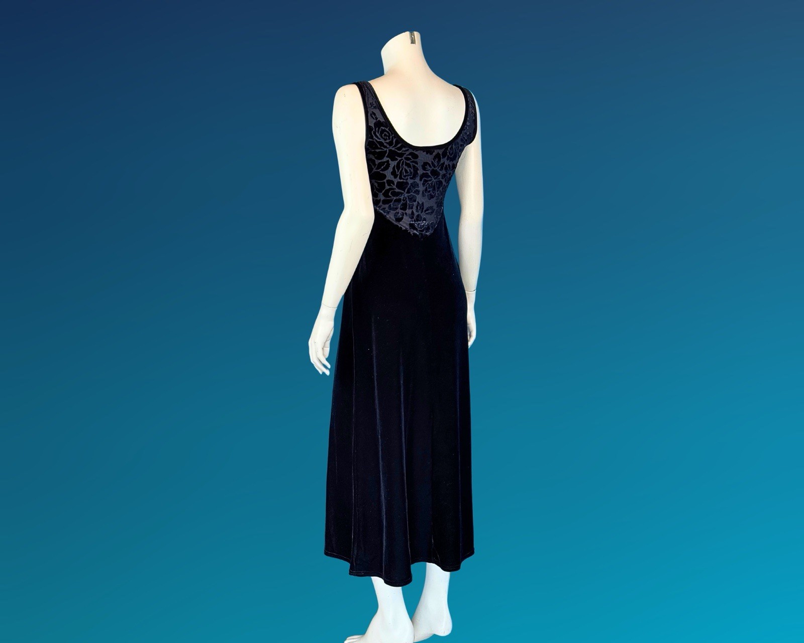 90s Black Cut Velvet Empire Waist Maxi Slip Dress XS