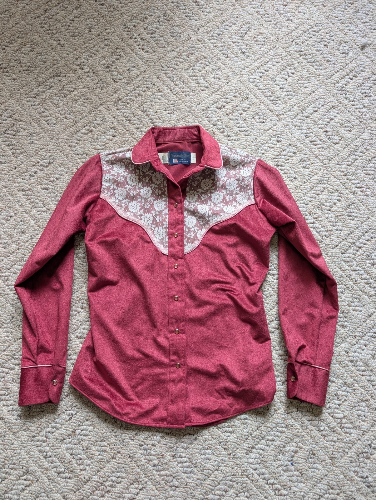 Vintage ’90s Mauve Pink Velvet Lace Panhandle Slim Western Button Down Pearl…