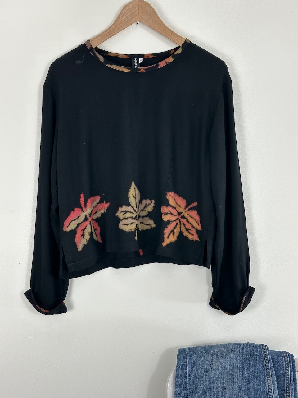 Vintage WINTER SUN Artsy Boho Leaf Print Wearable Art Top M