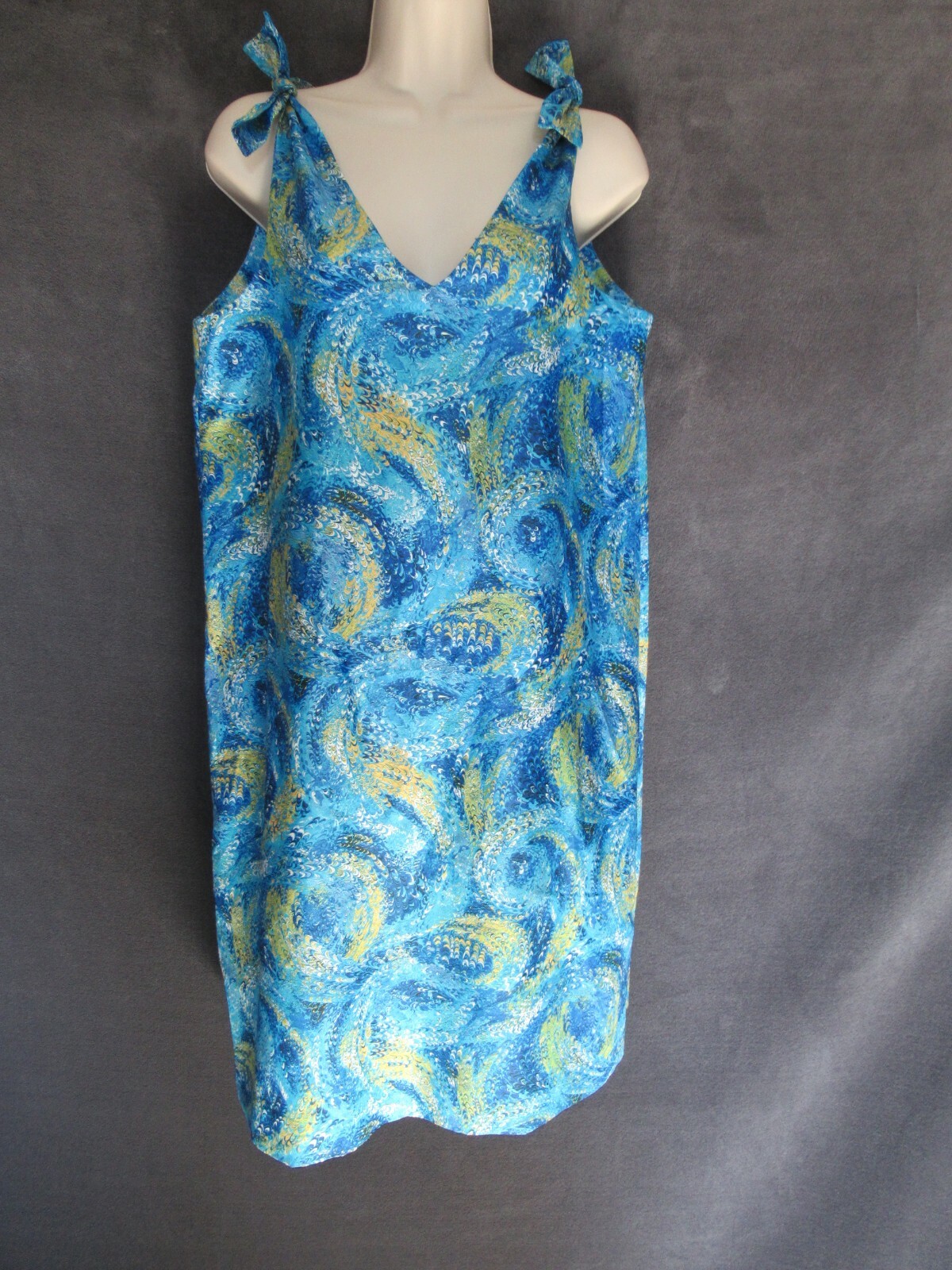 60’s 70’s Vintage Psychedelic Blue Illusion Tie Shoulder Shift Mod Sun Dress M/L