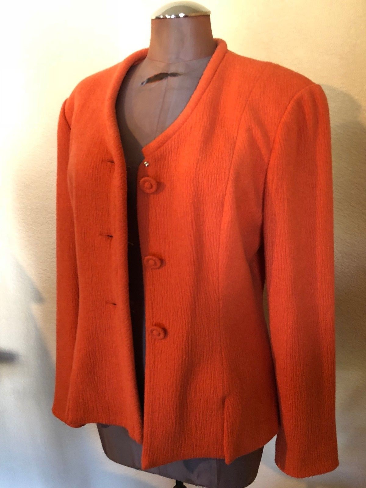 Vintage Retro Jacket Blazer 80s 90s Judy Hornby Wool Fitted Collarless Orange 12