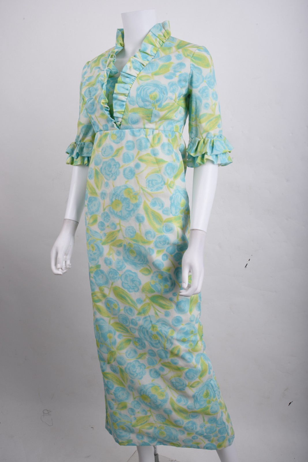 Vintage Womans Gown Midi Dress S Aqua Green Floral Empire Waist Ruffle Hawaiian