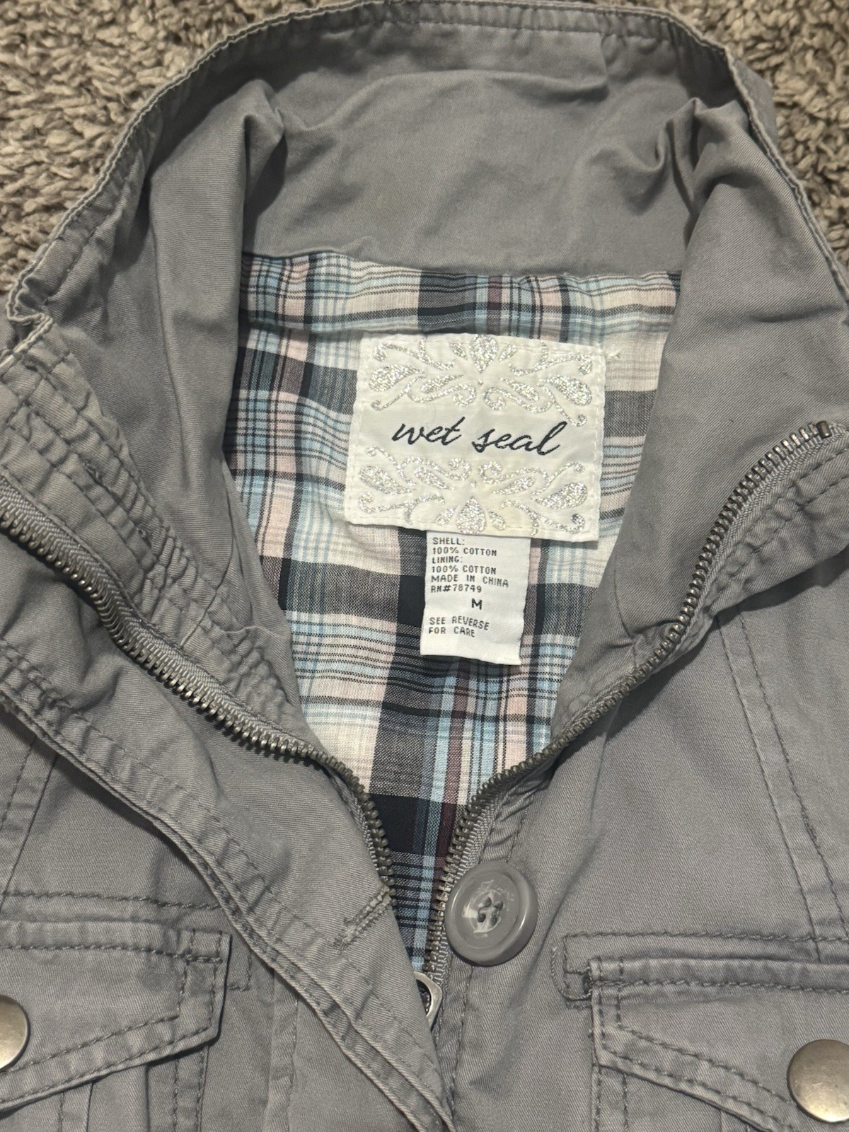 Wet Seal Zip Up Multi Pockets Gray Jacket Inner Plaid Women’s Size Medium