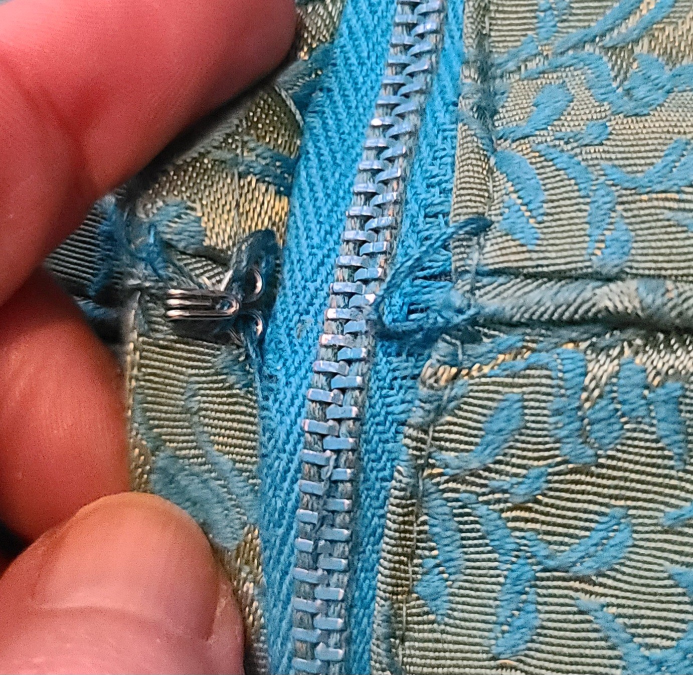 VTG 1960s Turquoise Blue & Gold Brocade Maxi Dress Women’s XS Bow Detail