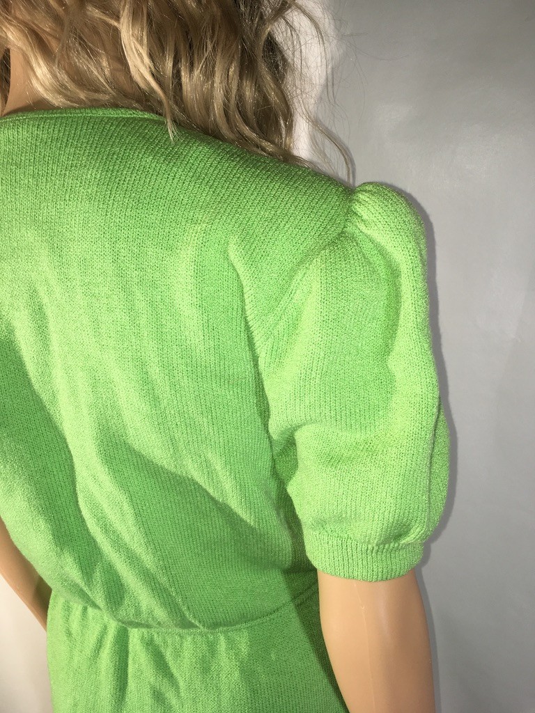 Vintage St. John by Marie Gray Knit Green Dress Puff Sleeves Size 8 1980s V-neck