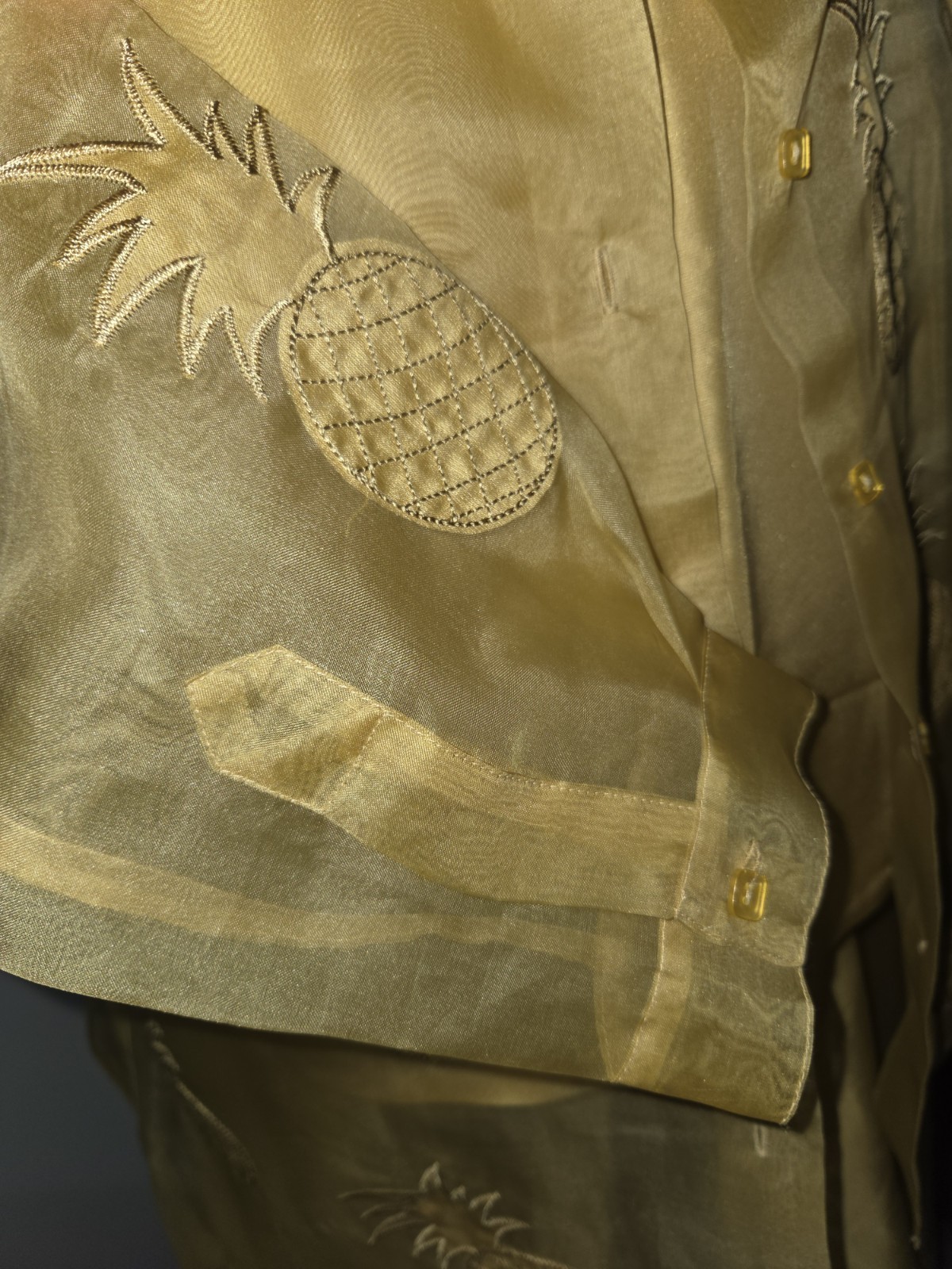 Vintage sz 8 Poetic Petite Gold Silk Outfit Sheer Pineapple Blouse Shell Pants
