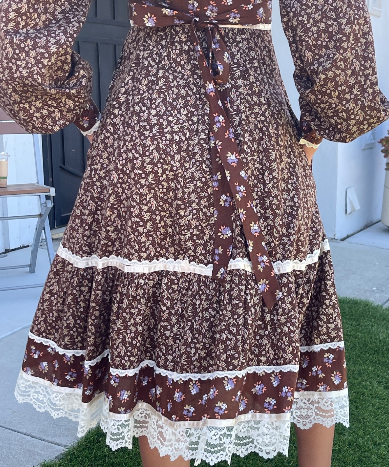 Vtg 1970s Gunne Sax Style Brown Calico Prairie Dress Ruffle Midi Small~Tag Cut