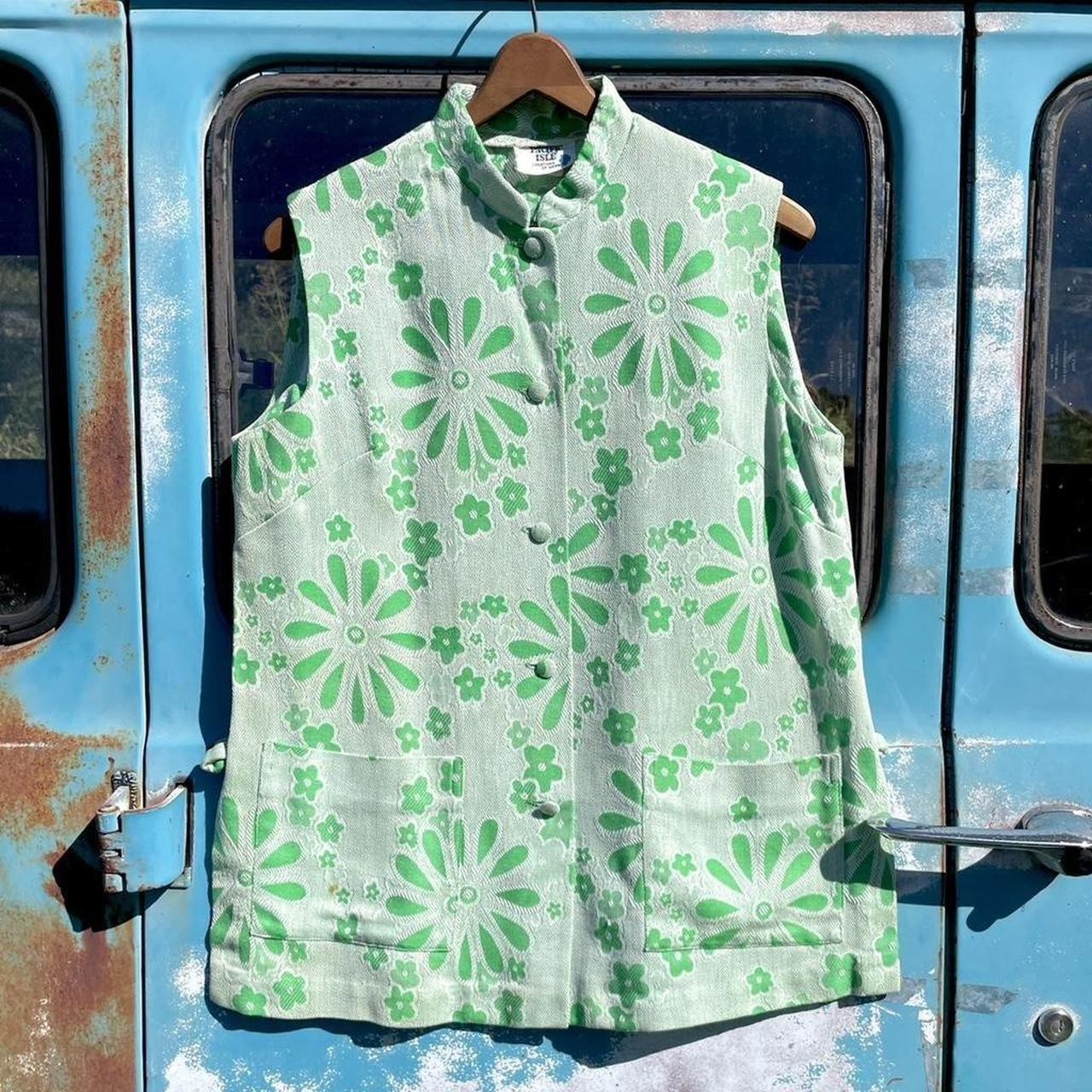 60s Pacific Isle Creations of Hawaii white & lime green daisy gilet blouse