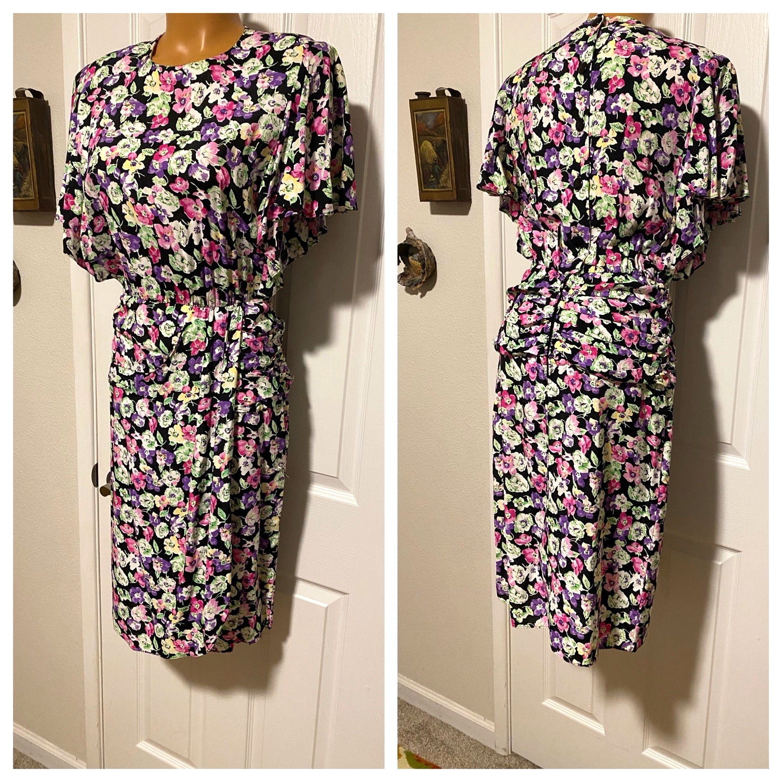 VTG 40’s STYLE SALLY PETITE BLACK FLORAL W/ RUCHE & FLUTTER SLEEVES DRESS SZ 8