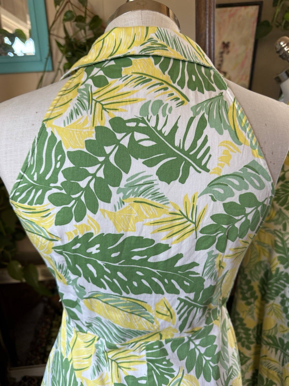 Vintage 1990s Women’s DBY Yellow & Green Leaves Fit & Flare Dress Size 7/8