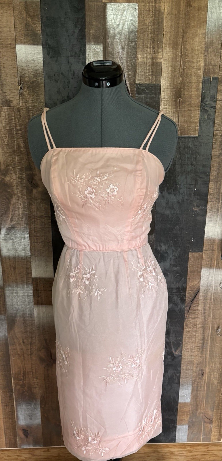 Vintage Pink Embroidered Organza Wiggle Dress Pin-Up Tiki Rockabilly XS Flawed