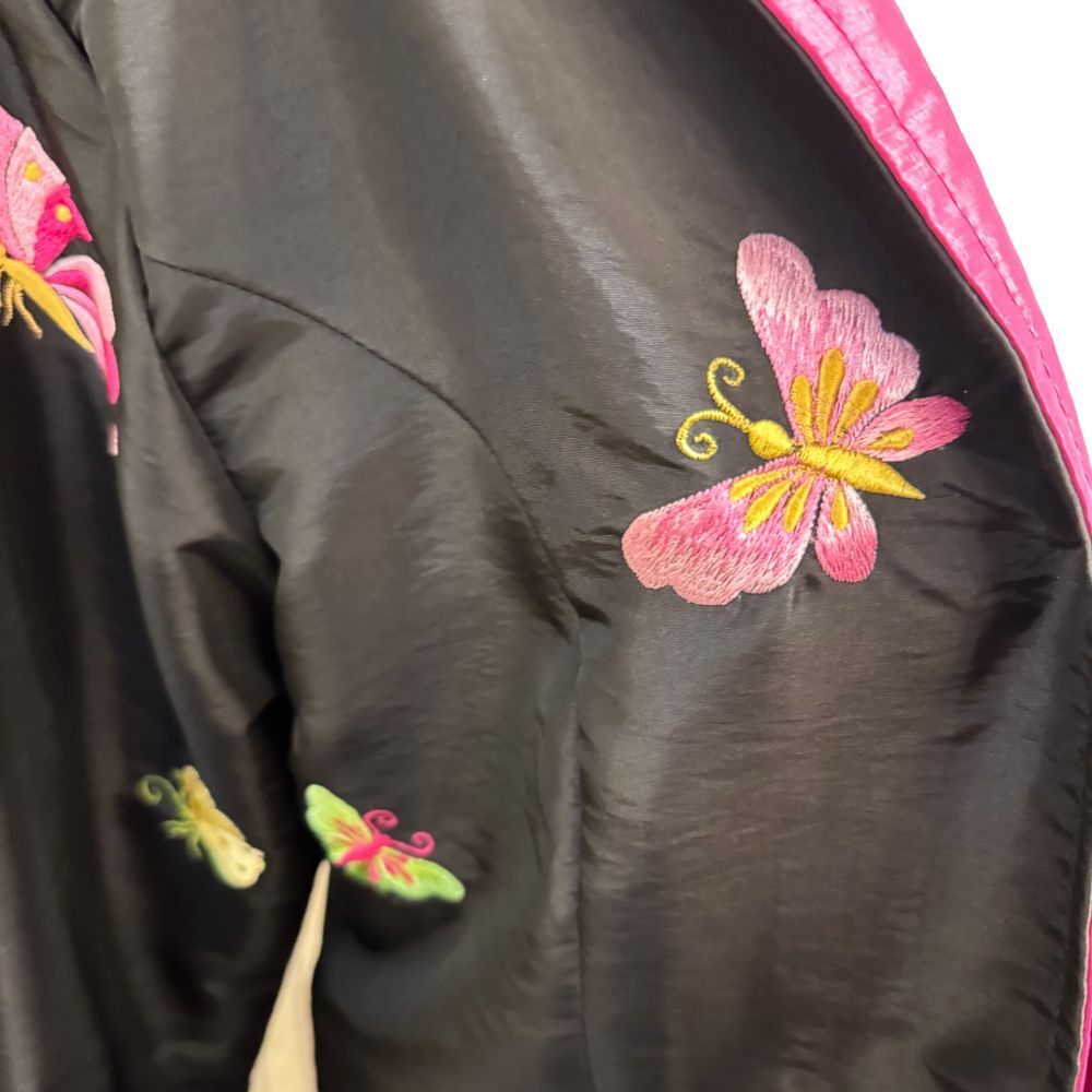 Vintage Black Silk Butterfly Embroidered Asian Style Jacket Hot Pink Trim sm/med