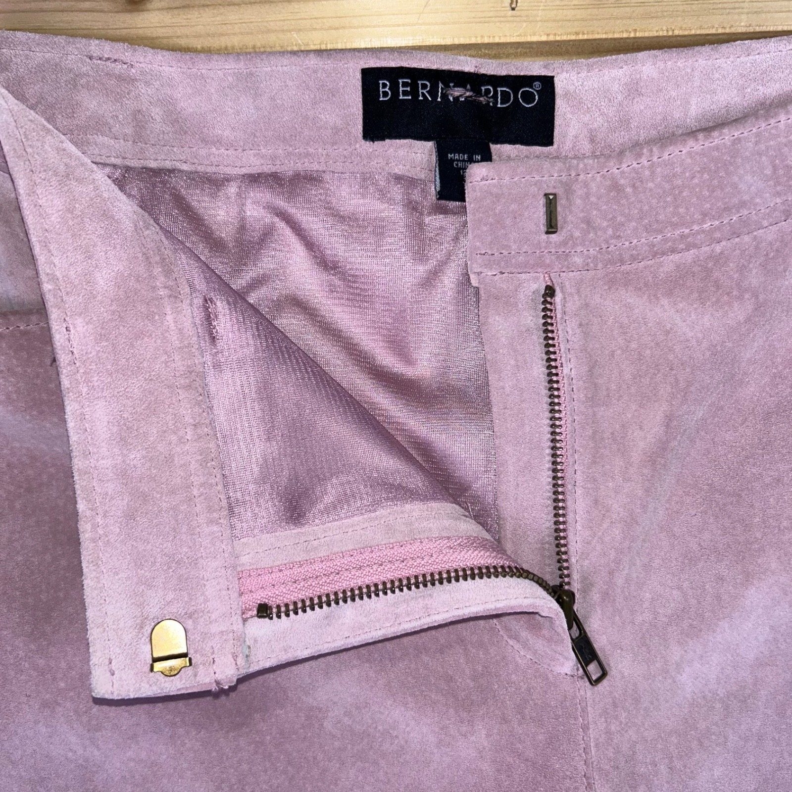 Vintage Bernardo Pants Women 12 Pink Suede Genuine Leather Polyester Lined Flare
