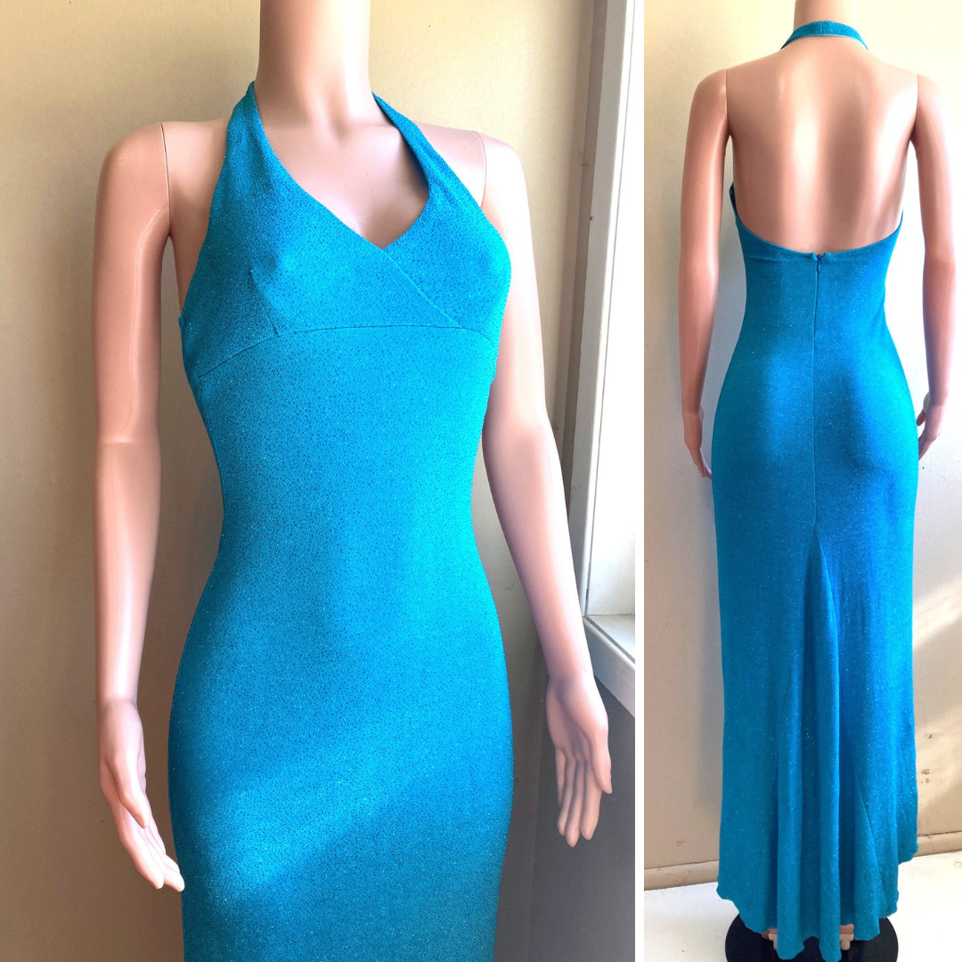 Vintage 70s Jody Maxi Gown 5 6 S Stretch Poly Sleeveless Halter Sparkle Disco
