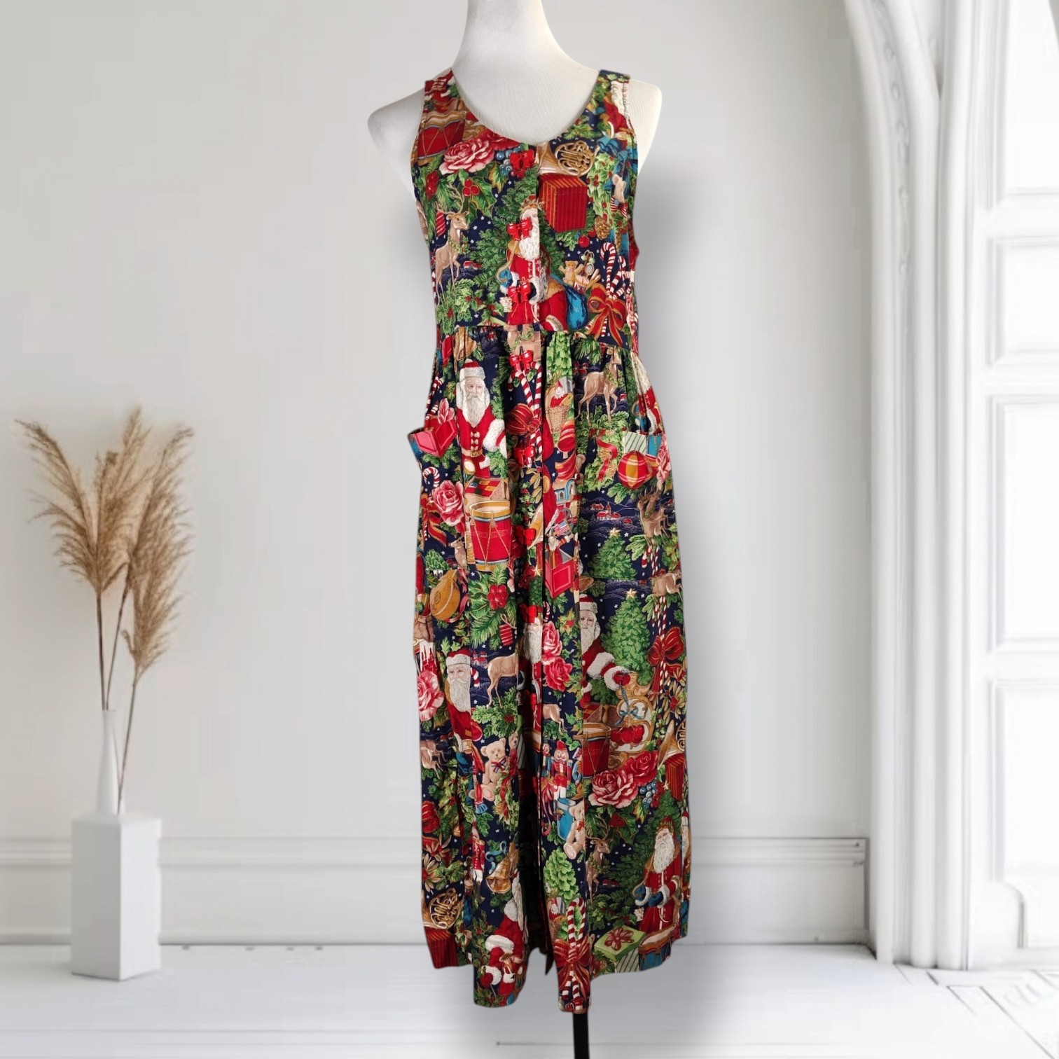 Vintage Christmas Santa Print Cotton Maxi Dress Red Bow Buttons Patch Pockets M