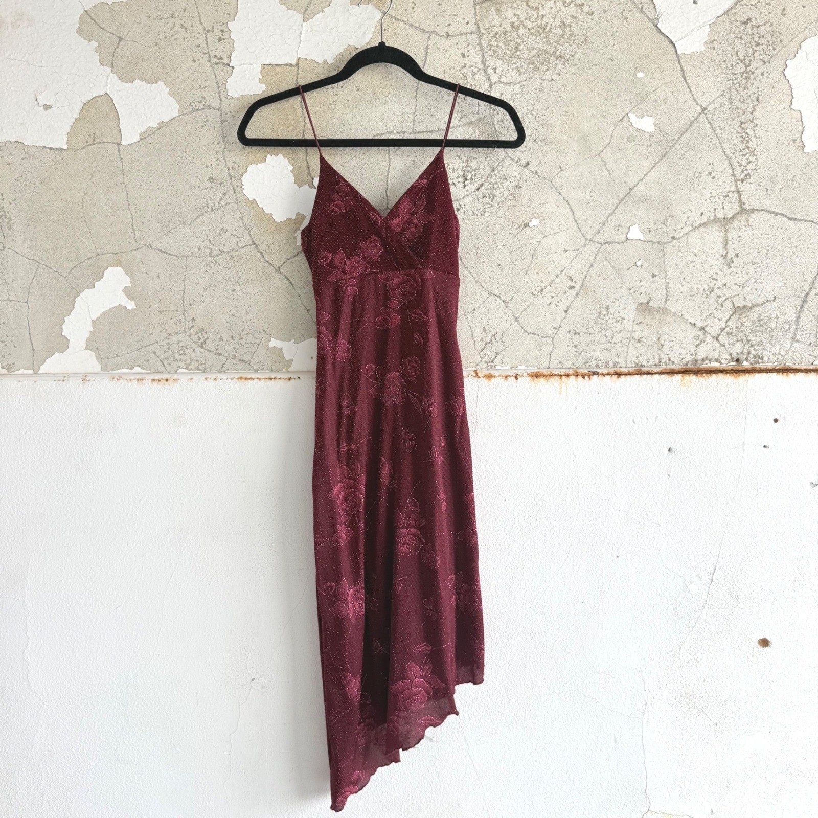 Vtg 90s Midi Dress Floral Asymmetrical Burgundy Glitter My Michelle S USA Made