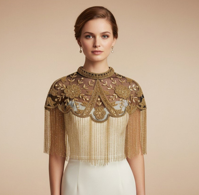 Vintage-Inspired Beaded Fringe Cape, Floral Embellished Capelet, Statement Gold