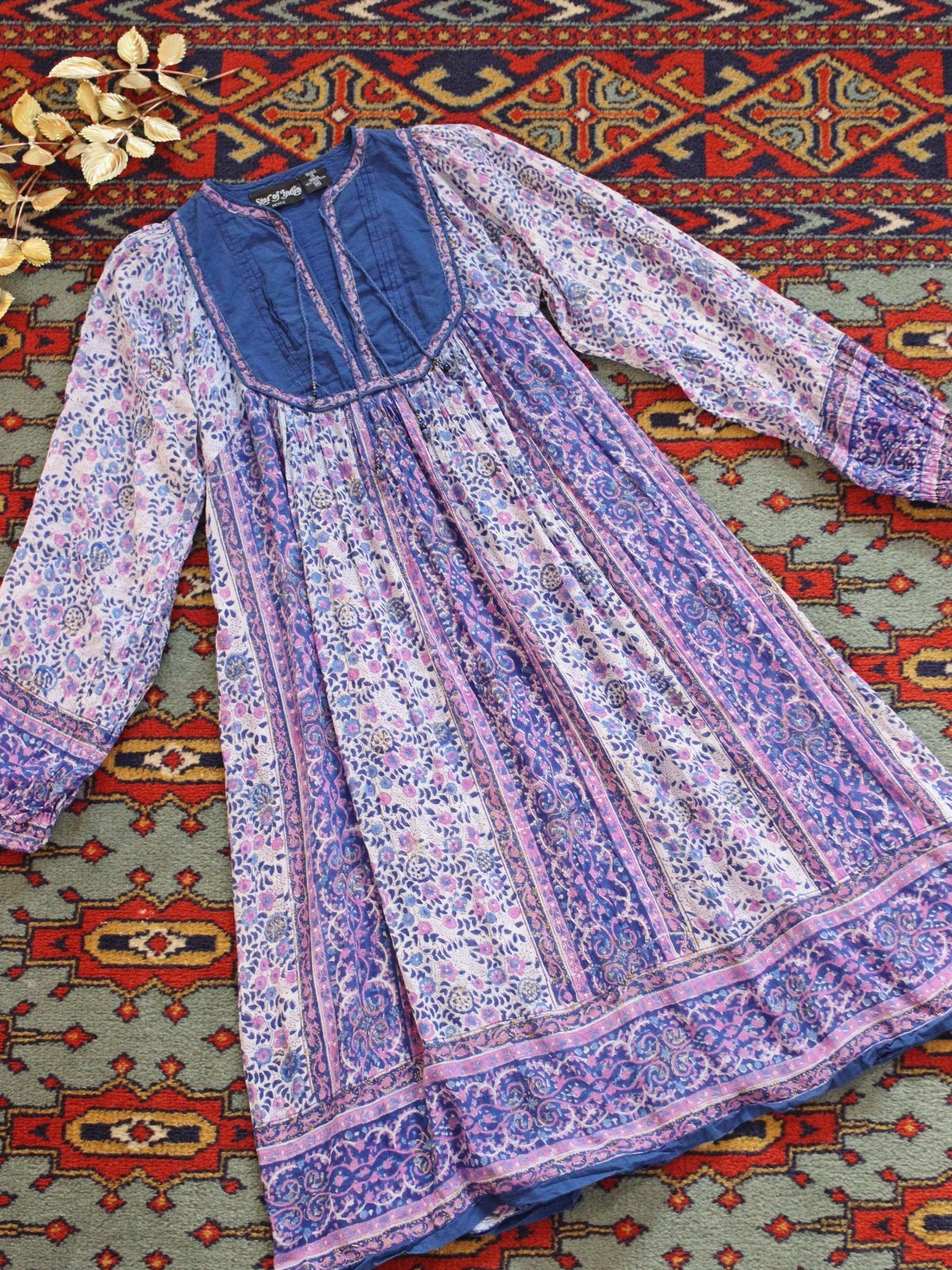 VTG Indian Tissue Cotton Gauze Block Print Peasant Dress Star of India Blue