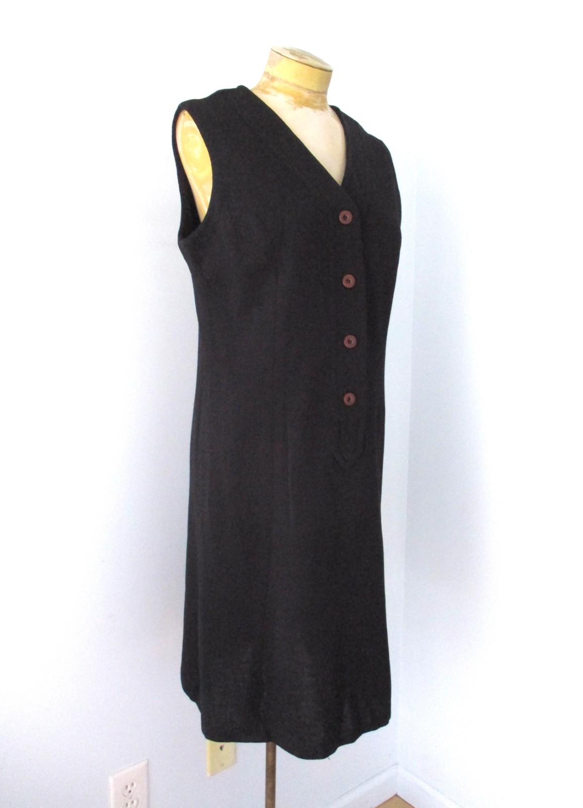 Vtg 60s 70s Joyce Black Wool Knit V-Neck Sleeveless Sheath Tunic Dress M/L
